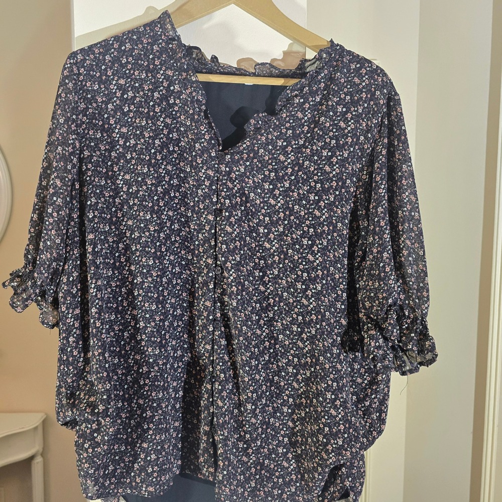 PLEIONE‎ Womens Navy Floral Ruffle Neck 3/4 Sleeve Blouse Top XL